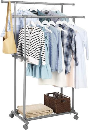 SONGMICS Clothes Rack with Double Rod, Clothes Stand, Mobile, Extendable between 87 and 150 cm, with Wheels and Storage Shelf, Load Capacity 70 kg, for Coats, Scarves, Grey, LLR13GY