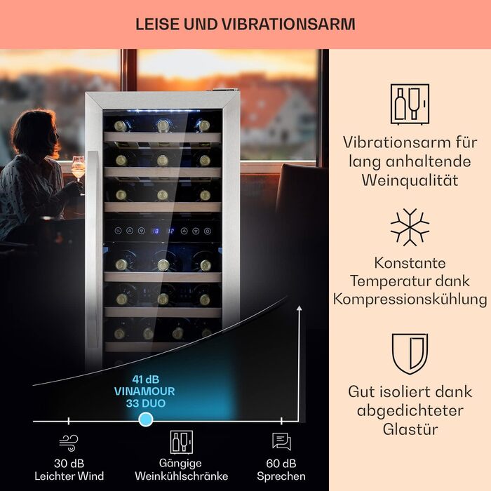 Klarstein 33-Bottle Wine Refrigerator - 2 Zone Freestanding Wine Cooler with Glass Door, Indoor/Outdoor Beersafe, LED Lighting, 5-18°C - Silver/Black