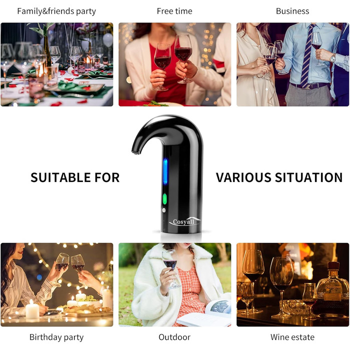 Cosyall Electric Wine Decanter, Electric Wine Aerator, One-Button Automatic Wine Dispenser, Fast Oxygen Enrichment for Red Wine, Wine Enhancer for Family Gatherings Gift (Black)