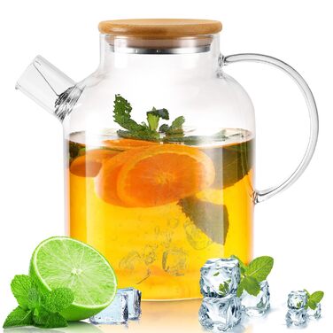 Чайник зі скла 1,8л з дерев'яним кришкою, з ситечком. Скляний чайник з боросилікатного скла, стійкий до високих та низьких температур, безпечний. Підходить для чаю, трав'яного чаю та фруктових напоїв.