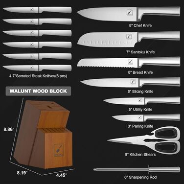 IMARKU 15-Piece Japanese Stainless Steel Knife Set with Block - Professional Kitchen Knife Set with Sharpener & Cleaning Block