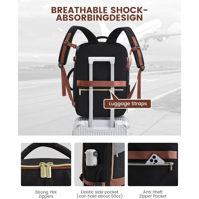 LOVEVOOK Рюкзак для ручної поклажі, 40L, водонепроникний, для подорожей, з відділенням для взуття, для ноутбука (17.3 дюймів), чорний+сірий+коричневий