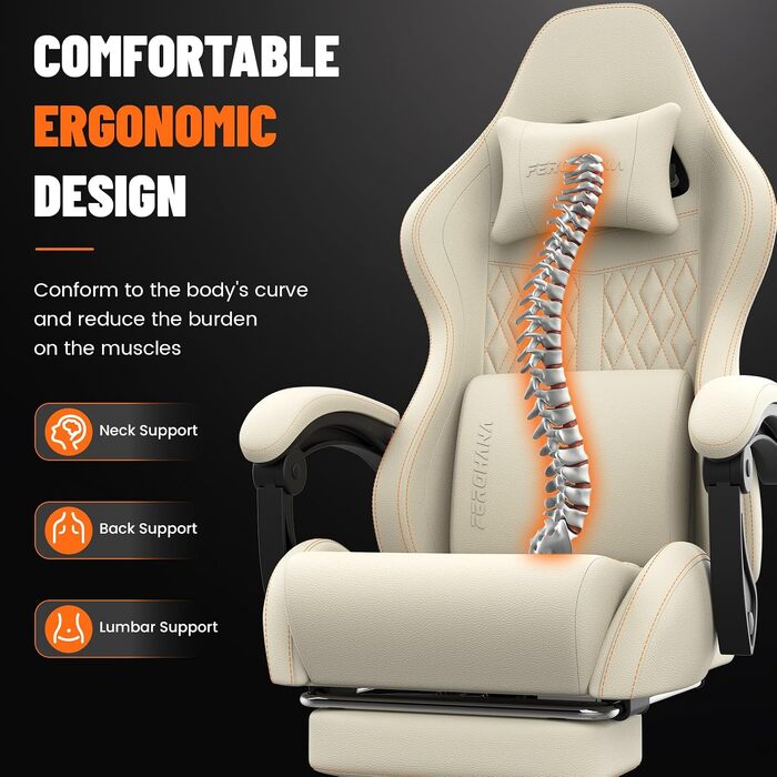 Ергономічне ігрове крісло Gaming Chair з підніжкою, регульованим нахилом спинки (90–135°), поперековою та підголівником, біле