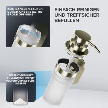 ovimar Soap Dispenser Sand | Gold | Wall Mounting without Drilling | Made of Stainless Steel and Modern Glass | Large Opening | Suitable for Bathroom or Kitchen | Also Suitable as a Hand Sanitizer Dispenser