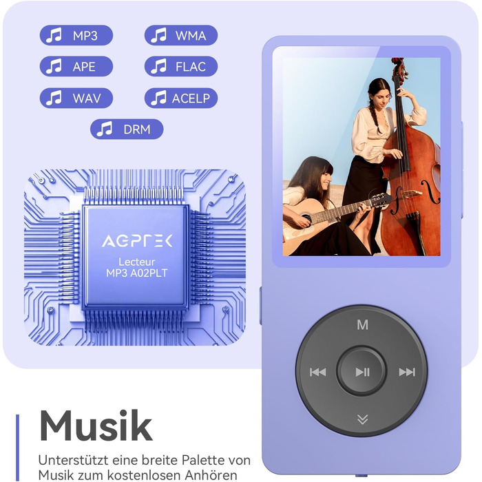 MP3 плеєр AGPTEK 64GB Bluetooth 5.3 з динаміком, радіо FM, екран 1.8