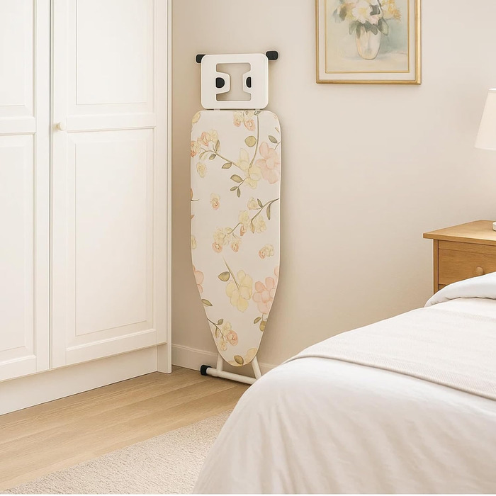 Відкидна дошка для прасування 110 x 38 x 64-77 см, 6 положень по висоті, з гумовими ніжками, бавовняним чохлом та підставкою для праски (біле квадратне візерунок, квіти)