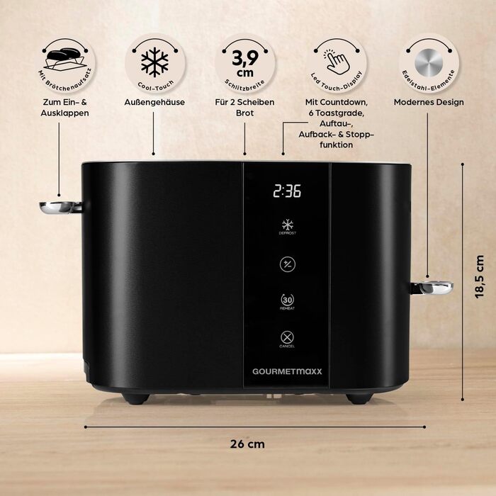 Тостер GOURMETmaxx Kurzschlitz для 2 тостів | Тостер антрацитового кольору з 6 рівнями підсмажування та таймером | Електричний тостер з сенсорним дисплеєм, насадкою для бургерів та функцією підігріву