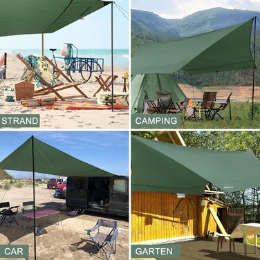 Водонепроникна тента Tarp 3.7 x 4.3 м з підтримкою, ультралегка, з отворами, штирями, нейлоновою мотузкою, захист від УФ та дощу, для наметів, гамаків, подвір'я, сонцезахисту на пляжі (зелена)