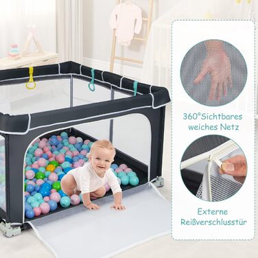 DREAMADE Playpen Baby, 124 x 124 cm Playard Foldable with 50 Play Balls & 4 Pull Rings, Safety Net with Breathable Mesh & Zipper (Dark Grey)