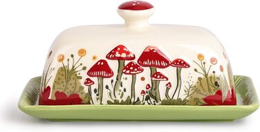 Fun Mushroom Butter Dish with Lid for Countertop - Ceramic, Red Mushroom Butter Container, Butter Tray, Large Butter Dish (White, Standard)