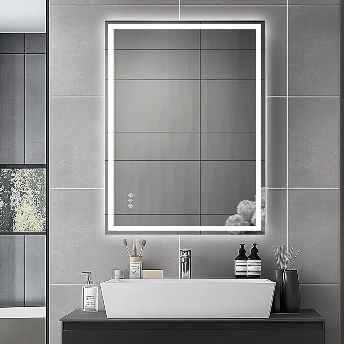Дзеркало для ванної кімнати зі світлом, 70x50 см, з сенсорним вимикачем, проти запотівання, 3 кольори світла, регулювання яскравості, Bluetooth (80x60 см)
