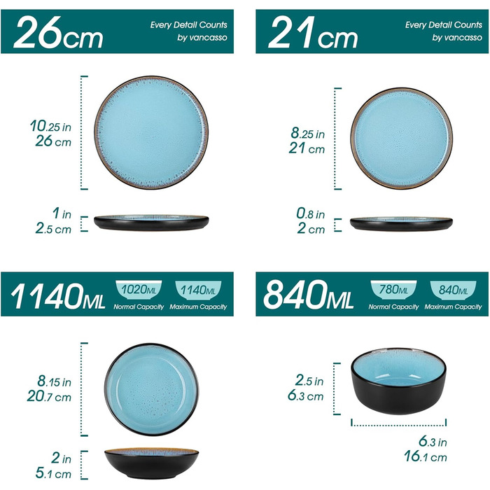 Набір посуду Steingut 24 штуки Vancasso AMBER: тарілки, супові тарілки, десертні тарілки, миски, реактивна глазур, морський блакитний, для 6 осіб, стійкий до миття в посудомийній машині