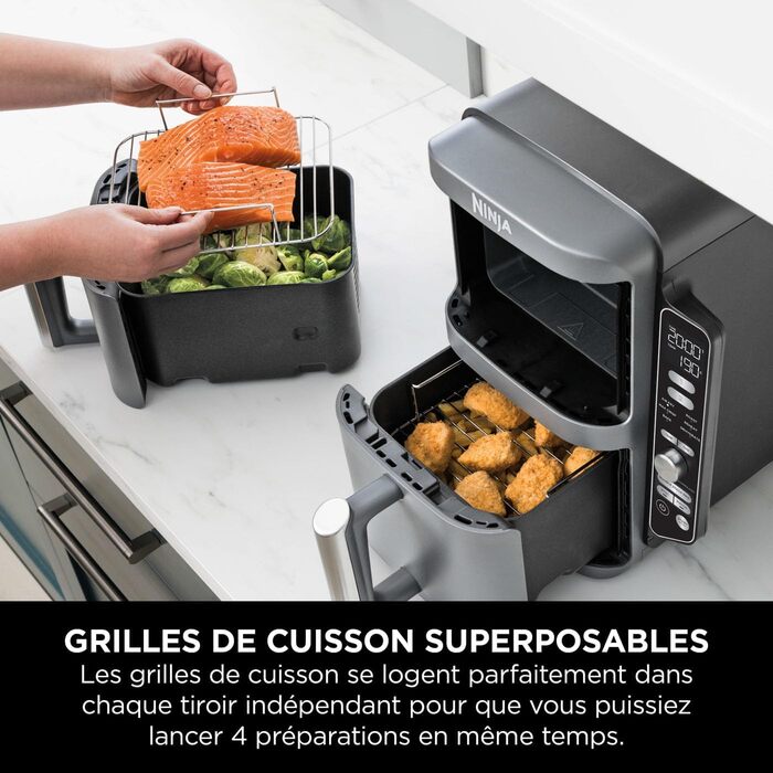 Ninja Double Stack XL Air Fryer Hot Air Fryer, 9.5L Air Fryer, Double Basket Hot Air Fryer with 4 Cooking Levels, 2 Baskets, 2 Racks, Space-Saving Design, 6 Cooking Functions, 8 Portions, Grey SL400EU Stacked Double Drawer 9.5L Grey