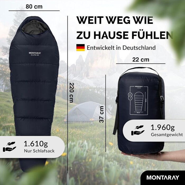 Спальний мішок Mumienschlafsack для 3-4 сезонів, 8°C/-5°C, блакитний, 80x220 см, з подушкою, для жінок та чоловіків