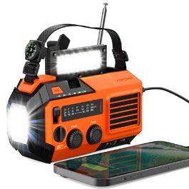 Радіоприймач FosPower NOAA/FM/AM з Power Bank 5200mAh, сонячною та ручною зарядкою, ліхтарик, SOS-сигнал - помаранчевий