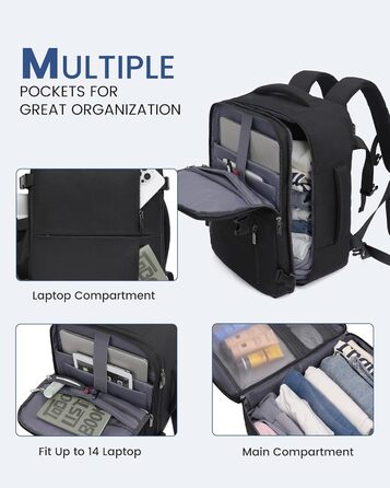 LOVEVOOK Рюкзак для подорожей, ручна поклажа, 40x30x20 см, 24л, для ноутбука 14/15.6 дюймів, чорний
