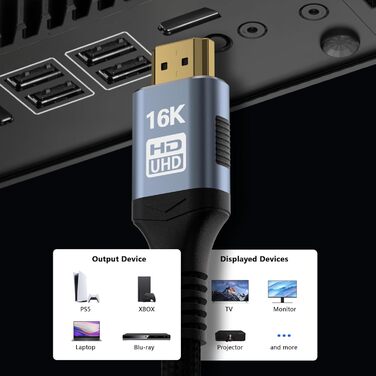 Кабель HDMI 2.2, 2 метри, 96Gbps, 16K/12K/10K/8K/4K@120Hz/240Hz/480Hz, eARC, HDR10+, Dolby Atmos/Vision, HDCP 2.2, для PS5, Xbox, Soundbar, Fire TV, HDTV