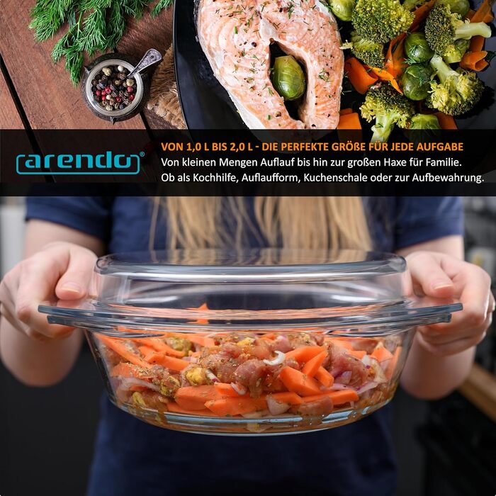 Набір форм для запікання Arendo з кришкою та ручками (3 шт.) – Borosilikatglas – 1000мл, 1500мл, 2000мл – для духовки, мікрохвильовки, BPA-free, скляні контейнери
