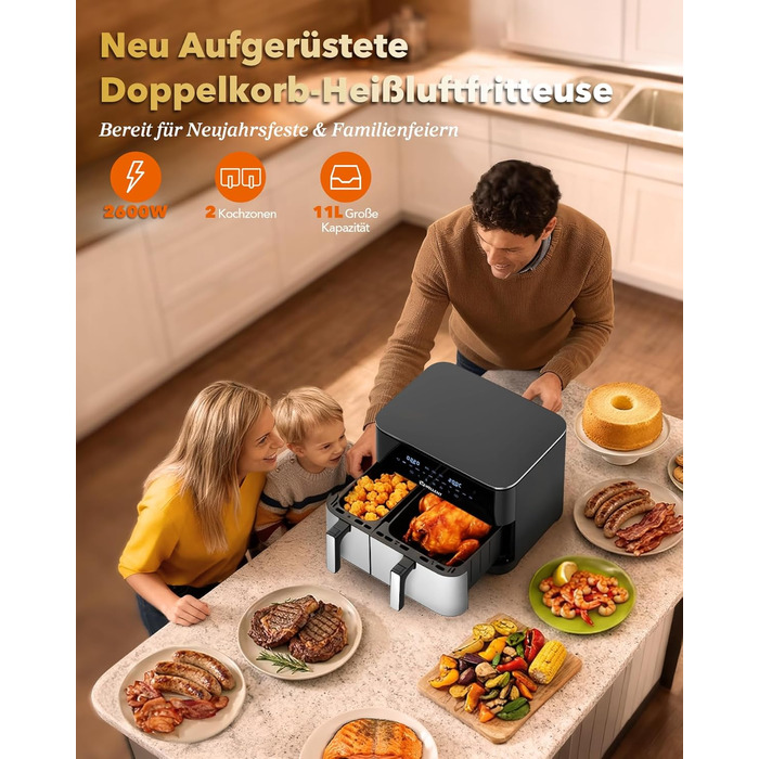 Фритюрниця повітряна WELLENT 2 камери, 2600W, 11л (4+7л) з сенсорним екраном, 10 функцій, для дому