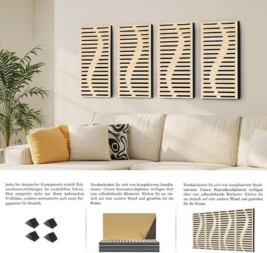 Акустичні панелі JBER для звукоізоляції стін, самоклеючі шумопоглинаючі плити з імітацією натурального дуба, 3-шарові декоративні панелі для студії, 60×30×4.5 см, еліптичні лінії (4 шт.)