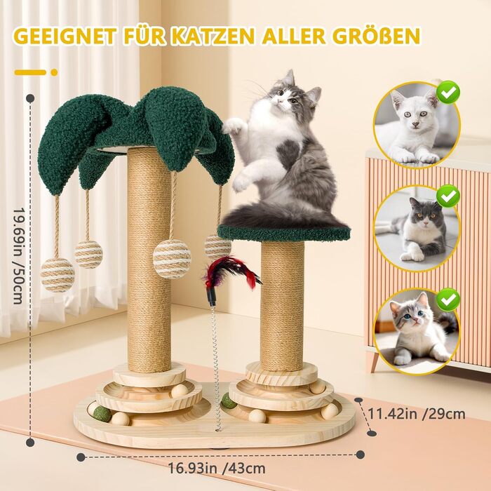 Інтерактивне котяче іграшкове комбо 6-в-1: дерев'яні меблі, кульки, пір'я, м'яч-трекер, когтеточка з сизалю та джуту для котів середніх та маленьких порід (білий, зелений)