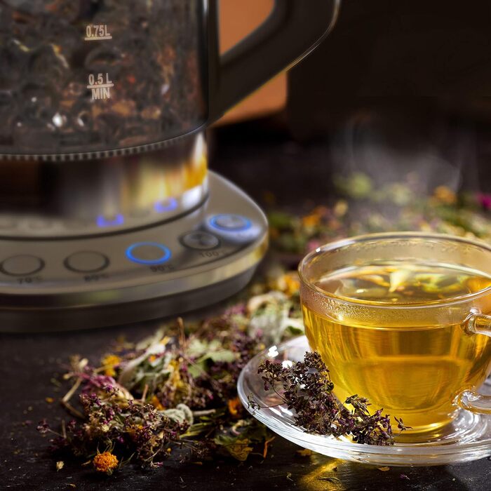 Електричний чайник Arendo з регулюванням температури, 1.5 л, скло, нержавіюча сталь, підтримання тепла 30 хв, Borosilikatglas, сучасний дизайн