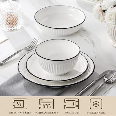 Набір посуду MALACASA LEILA для 6 осіб, 24 предмета: тарілки, миски, порцеляна, ручне рельєфне оформлення, підходить для мікрохвильової печі та посудомийної машини, білий з чорним контуром