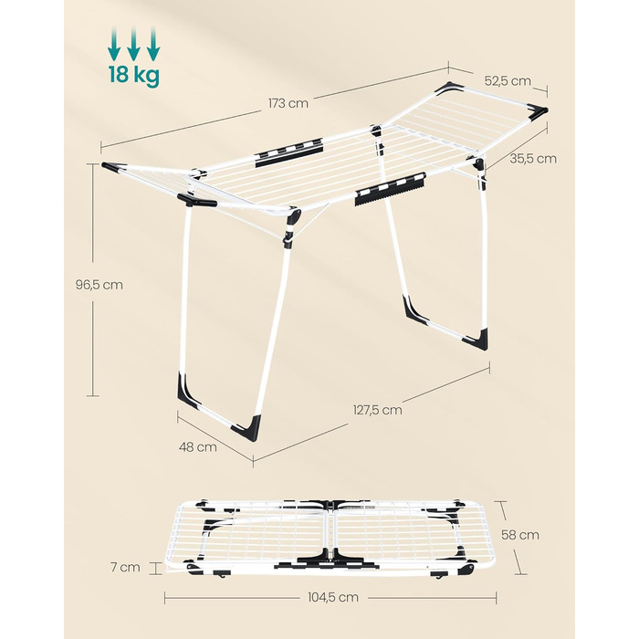 SONGMICS Сушарка для білизни на коліщатках, металева, біла, 52.5 x 173 x 96.5 см, з тримачем для шкарпеток, для одягу, рушників та білизни