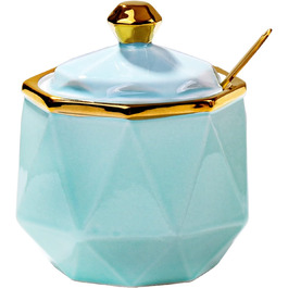 Sugar bowl with lid and spoon, ceramic sugar bowl, multifunctional sugar container, spice container, salt shaker, spice bowls, sugar bowl for kitchen, storage, organization, 280 ml (blue)