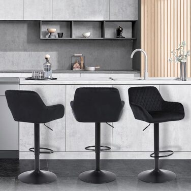 Ralex Velvet Bar Stools 2-Pack - Adjustable Swivel Bar Chairs with Backrest & Armrests for Kitchen, Bar & Counter - Black