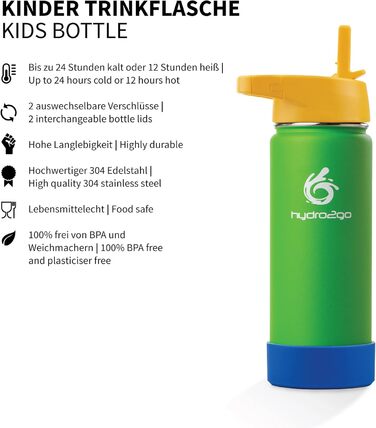 Stainless Steel Kids' Water Bottle - 100% Leak-Proof, BPA-Free with 2 Lids (Straw and Sport Cap) - Thermo Bottle for Kids - 500ml (Lime Green, 500 ml)