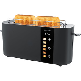 Тостер Arendo з нержавіючої сталі, 2 відділення, довгий проріз, сенсорний дисплей, подвійні стінки, підставка для булочок, 6 рівнів підсмажування, центрування хліба, індикатор часу, функція пам'яті, чорний колір A: Нічний чорний