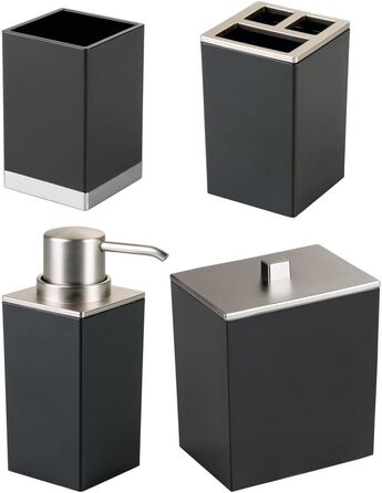 mDesign Plastic Bathroom Storage Jars, Vanity Decor Accessories, Countertop Organizer, Soap Dispenser, Toothbrush Holder, Lumiere Collection, 4-Piece Set – Black/Brushed