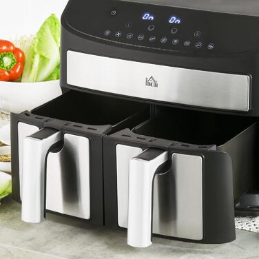 HOMCOM 8L Hot Air Fryer with Double Chamber, Air Fryer with 10 Programs, 2400W Air Fryer with Touchscreen, Recipe Book, Oil-Free, Black