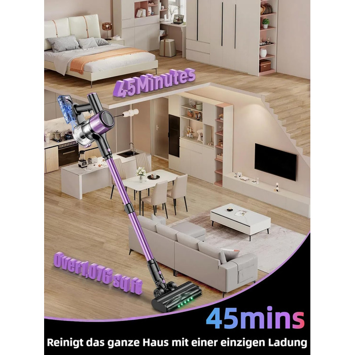 Бездротовий акумуляторний пилосос 45000 Па/500 Вт/45 хв з LED-дисплеєм та щіткою проти намотування, висувний шланг 73 см для твердих поверхонь, килимів, шерсті тварин, фіолетовий