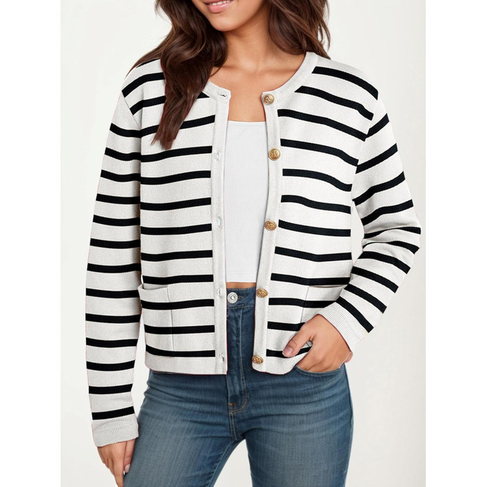 Жакет жіночий короткий з 2 кишенями на ґудзиках, смугастий, в'язаний, кардиган, мода, осінь (L, білий)
