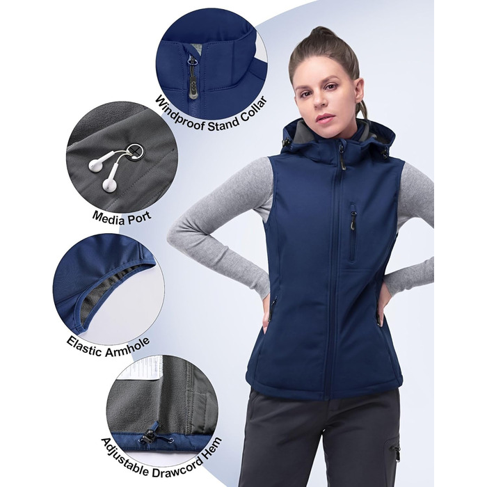 Жіночий софтшеллова жилетка 33000ft з капюшоном та флісовою підкладкою, водонепроникна та вітрозахисна, з 5 кишенями для їзди на конях, бігу та походів (4XL, Синій)