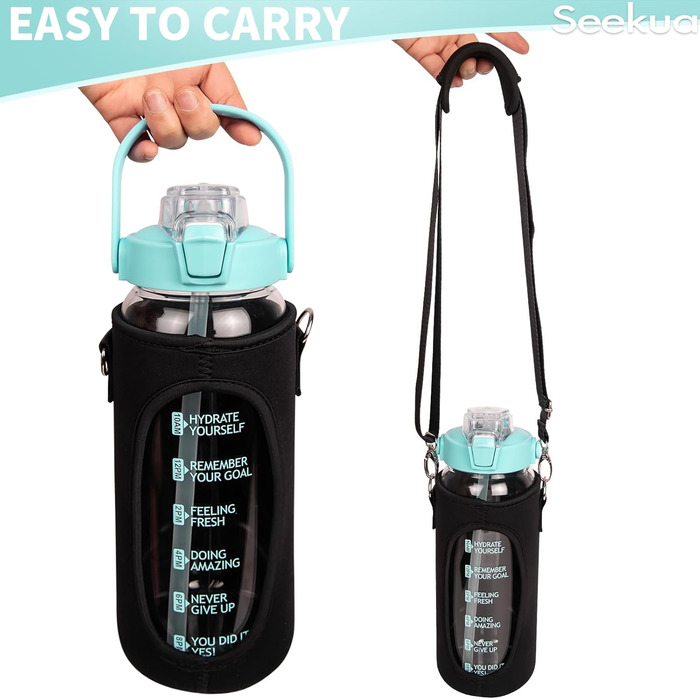 2l Glass Bottle | Drinking Bottle Glass with Straw & Time Marker, Leak-Proof 2 liter Large Glass Water Bottle for Smoothie, Carbonated Drinks Suitable, Dishwasher Safe (Light Green, 2000 ml)