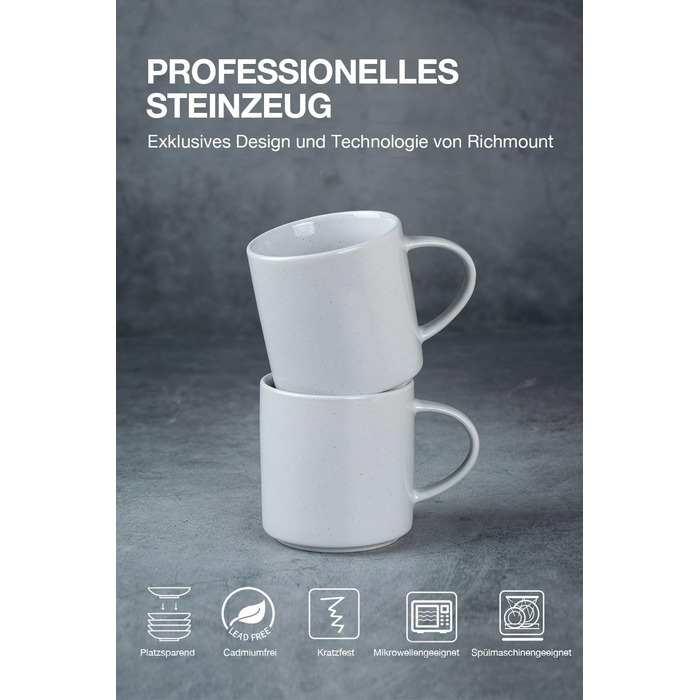 Набір посуду Nebula для 6 осіб: 18-частинний набір тарілок та набор салатників, розписний посуд з каменю, сервіз, придатний для мікрохвильової печі та посудомийної машини, колір кориця (світло-сірий), чашки (355мл, 6 шт.)