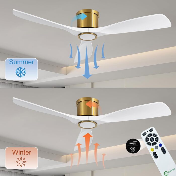 Сучасний стельовий вентилятор 132 см з підсвічуванням та пультом керування, тихий DC-двигун, сумісний з Alexa/Google Home, білий/золотий