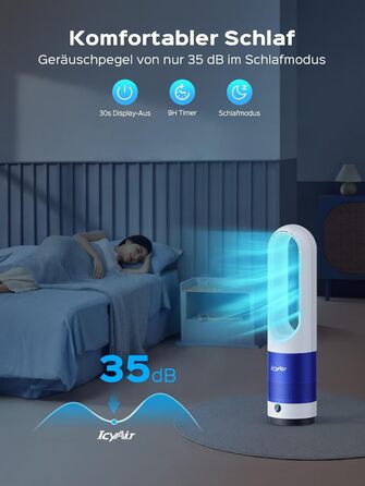 Турбовентилятор IcyAir без лопатей з пультом, 35 дБ, осциляція 90°, 8 швидкостей, таймер 9 годин, захист від дітей, LED-дисплей, тихий вентилятор для спальні, легко чистити, білий + сріблястий (білий + блакитний)
