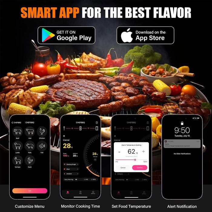 Бездротовий термометр для м'яса з Bluetooth, для гриля, духовки, мангалу, ротисерії, Airfryer, IP67 водонепроникний