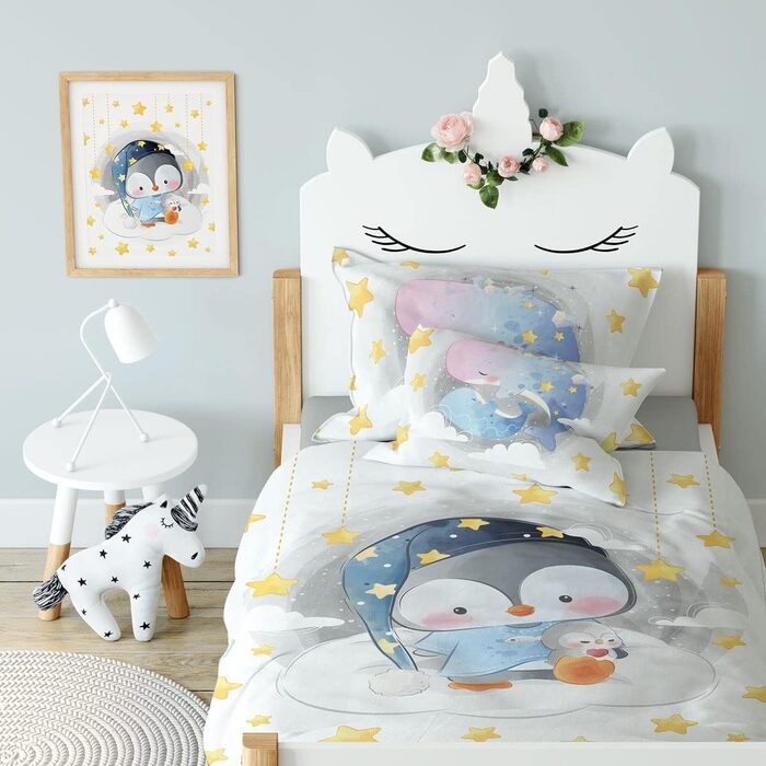 Дитяча постільна білизна CLEAVEN 100x135 см | 100% бавовна, м'яка та дихаюча | Для комфортного сну | Змінний малюнок пінгвіна | CLEAVEN Pinguin 006
