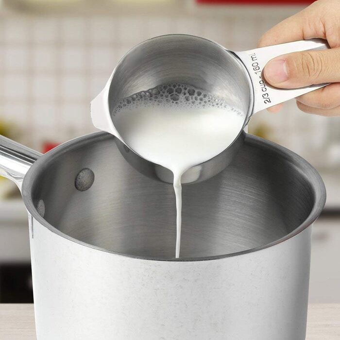 Set of 7 Measuring Cups with 1/8 Cup Coffee Scoop, Stainless Steel Metal Measuring Cups, 7-Piece Stackable Set with Spout - Accurate Measurement