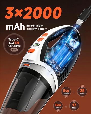 Акумуляторний ручний пилосос TANYO 4-в-1 12000PA, бездротовий з безщітковим мотором, портативний для авто, тварин, килимів, офісу, кухні, біло-помаранчевий з HEPA фільтром