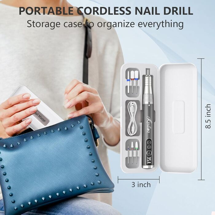 Електрична машинка для манікюру та педикюру Kredioo бездротова, 35000 об/хв з 6 насадками для видалення кутикули, шкарлагу, акрилу та гелю