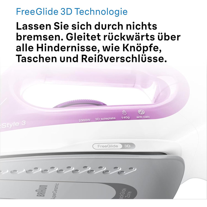 Праска з парою Braun FreeStyle 3 FI3124 PU, SuperCeramic підошва, технологія FreeGlide 3D, Ultimate FastClean, автоматичне відключення, вертикальне прасування, фіолетовий (2300 Вт)