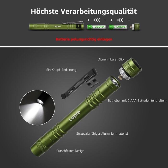 Ліхтарик LED Lepro, мініатюрний, водонепроникний IPX4, 3 режими, для огляду, роботи, ремонту (2 шт.), зелений