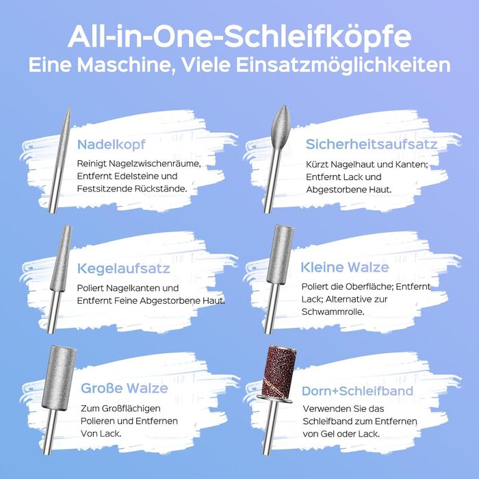 Електрична машинка для манікюру COSLUS 40000 об/хв: професійний набір для догляду за нігтями 6-в-1. Підходить для гелевих та акрилових нігтів, видалення гелю та педикюру. Компактна, тиха, біла.
