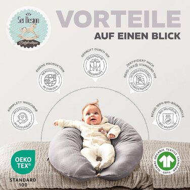 Подушка для вагітних та годування Sei Design XXL 190x35 см, мусліновий чохол (Taupe), ергономічна, з органічної бавовни